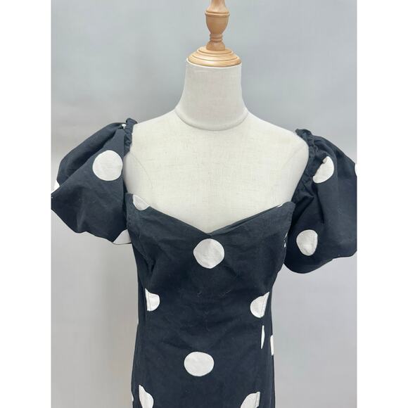 H&M‎ Black Polka Dot Midi Dress Puff Sleeve Sweetheart Neckline Size XL - Picture 16 of 16